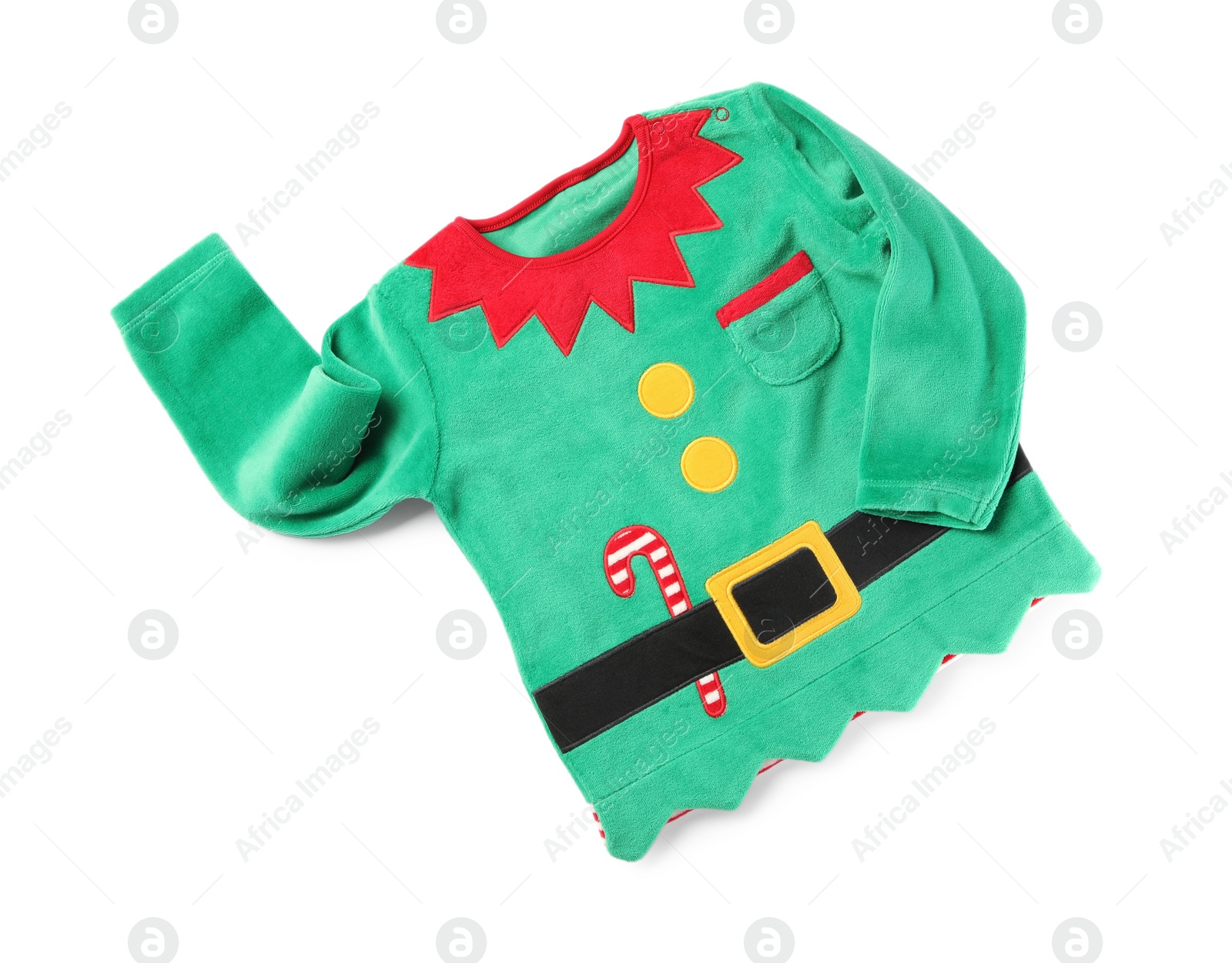 Photo of Cute elf jumper on white background, top view. Christmas baby clothes