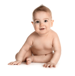 Photo of Cute healthy little baby on white background