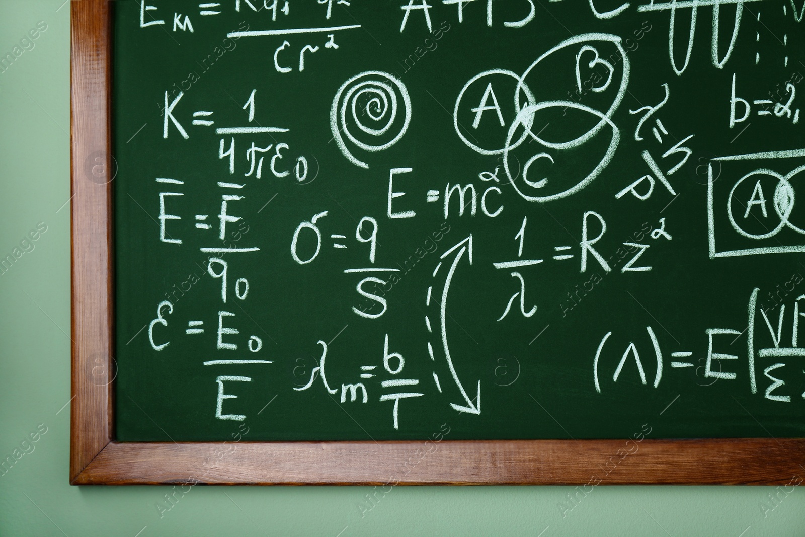 Photo of Blackboard with different physical formulas written with chalk on light green wall