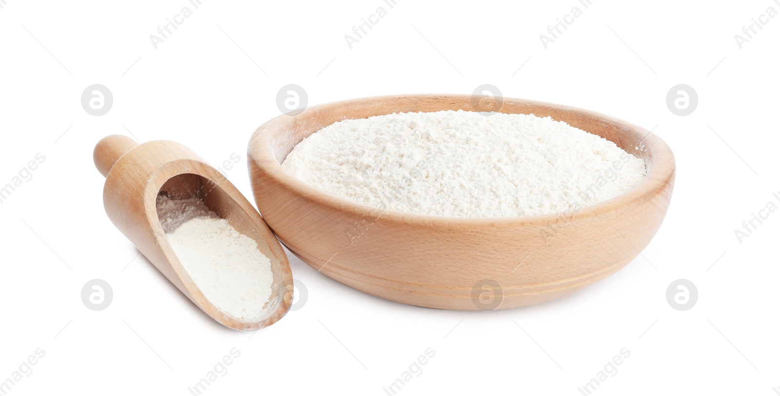 Photo of Organic flour in wooden bowl and scoop isolated on white