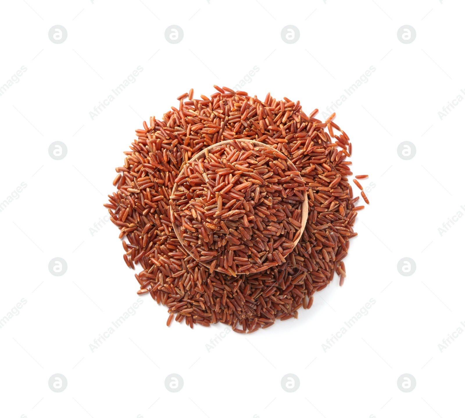 Photo of Bowl and uncooked brown rice on white background, top view