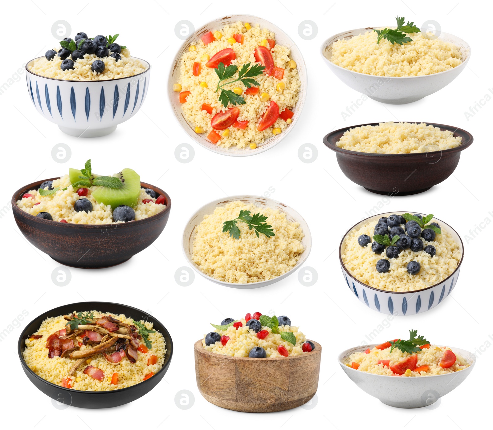 Image of Tasty couscous in bowls isolated on white, set