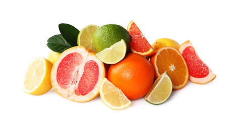 Photo of Fresh ripe citrus fruits and green leaves isolated on white