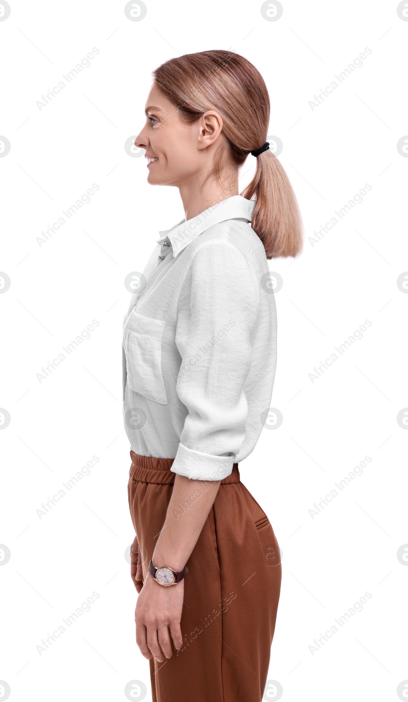 Photo of Portrait of beautiful happy businesswoman on white background