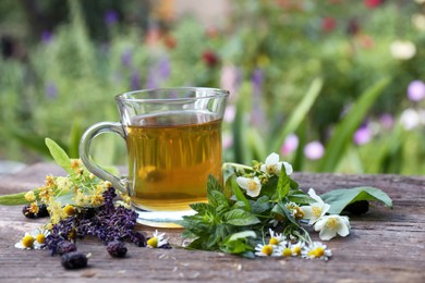 Photo of Cup of hot aromatic tea and different fresh herbs on wooden table outdoors
