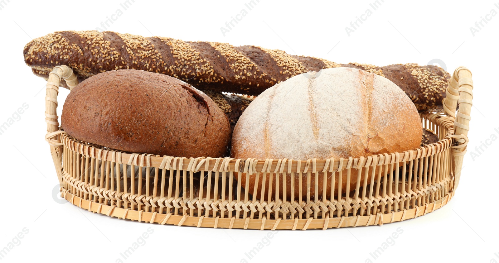 Photo of Wicker basket with different types of fresh bread isolated on white