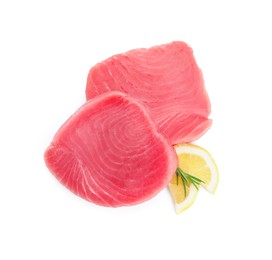 Raw tuna fillets with lemon slices and rosemary on white background, top view