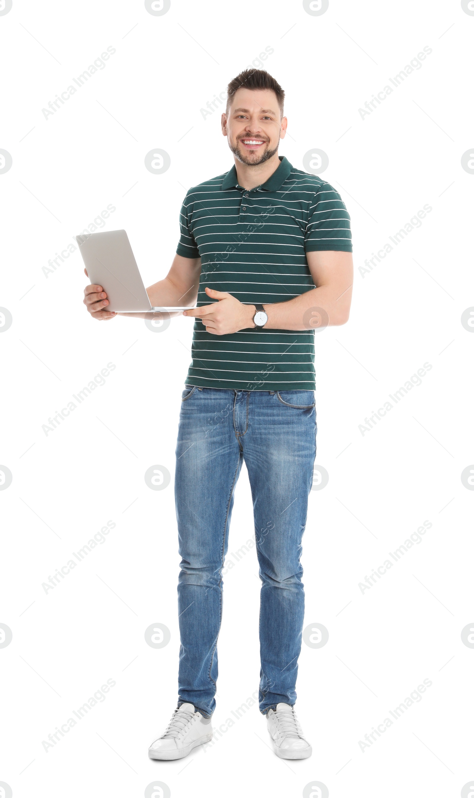 Photo of Happy man with laptop on white background