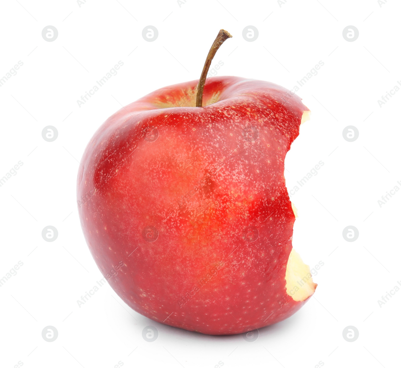 Photo of Ripe juicy red apple with bite mark on white background