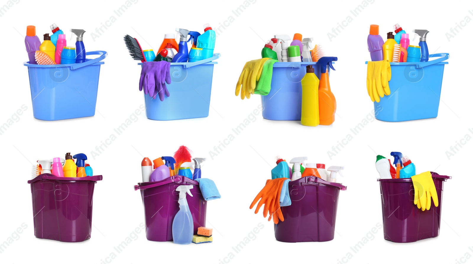 Image of Collage of buckets with cleaning supplies on white background. Banner design