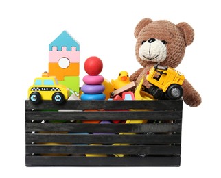 Photo of Wooden crate with different children's toys isolated on white