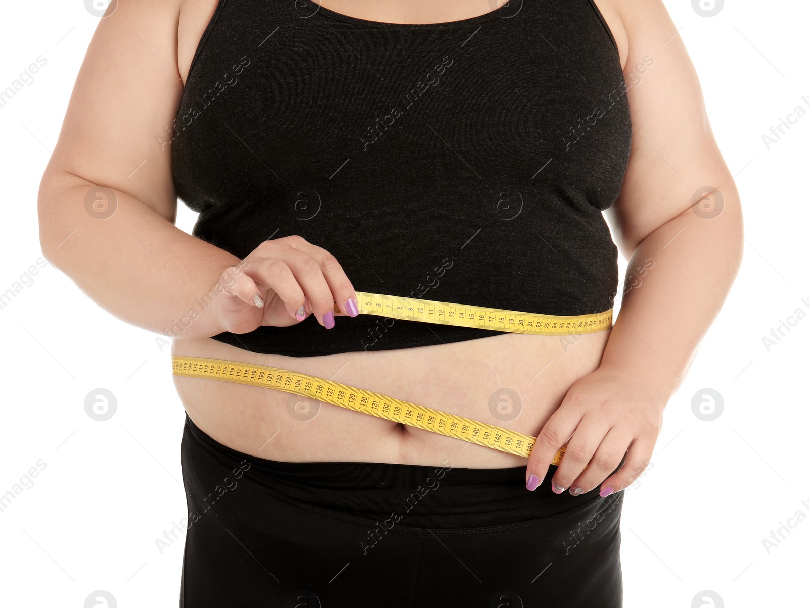 Photo of Overweight woman with measuring tape on white background, closeup