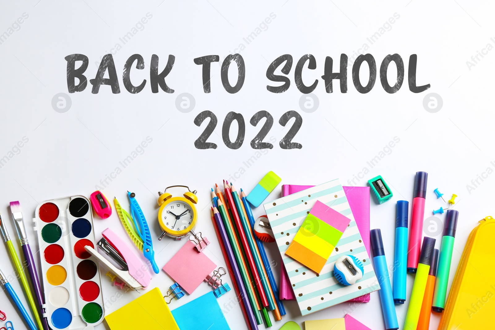 Image of Back to school 2022. Different stationery on white background, flat lay