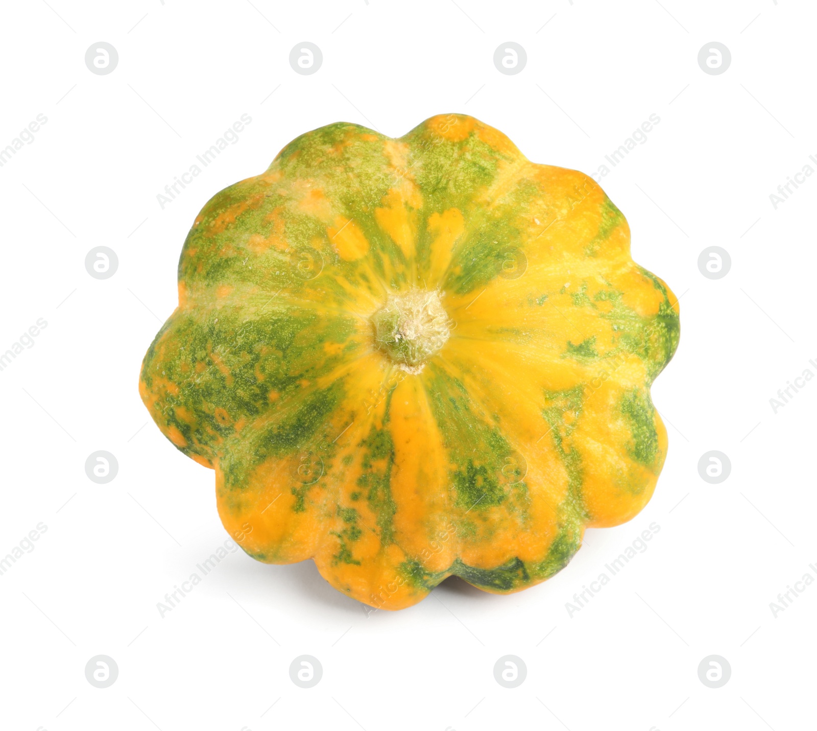 Photo of Fresh ripe yellow pattypan squash isolated on white, top view