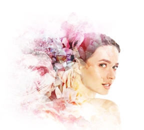 Double exposure of beautiful woman and blooming flowers