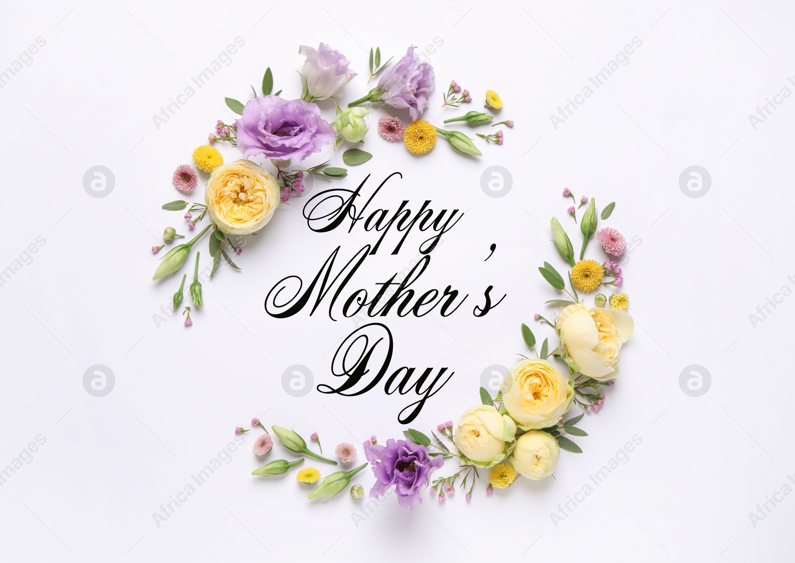 Image of Happy Mother's Day. Greeting card with frame of beautiful flowers on white background, flat lay