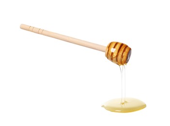 Photo of Natural honey dripping from dipper on white background