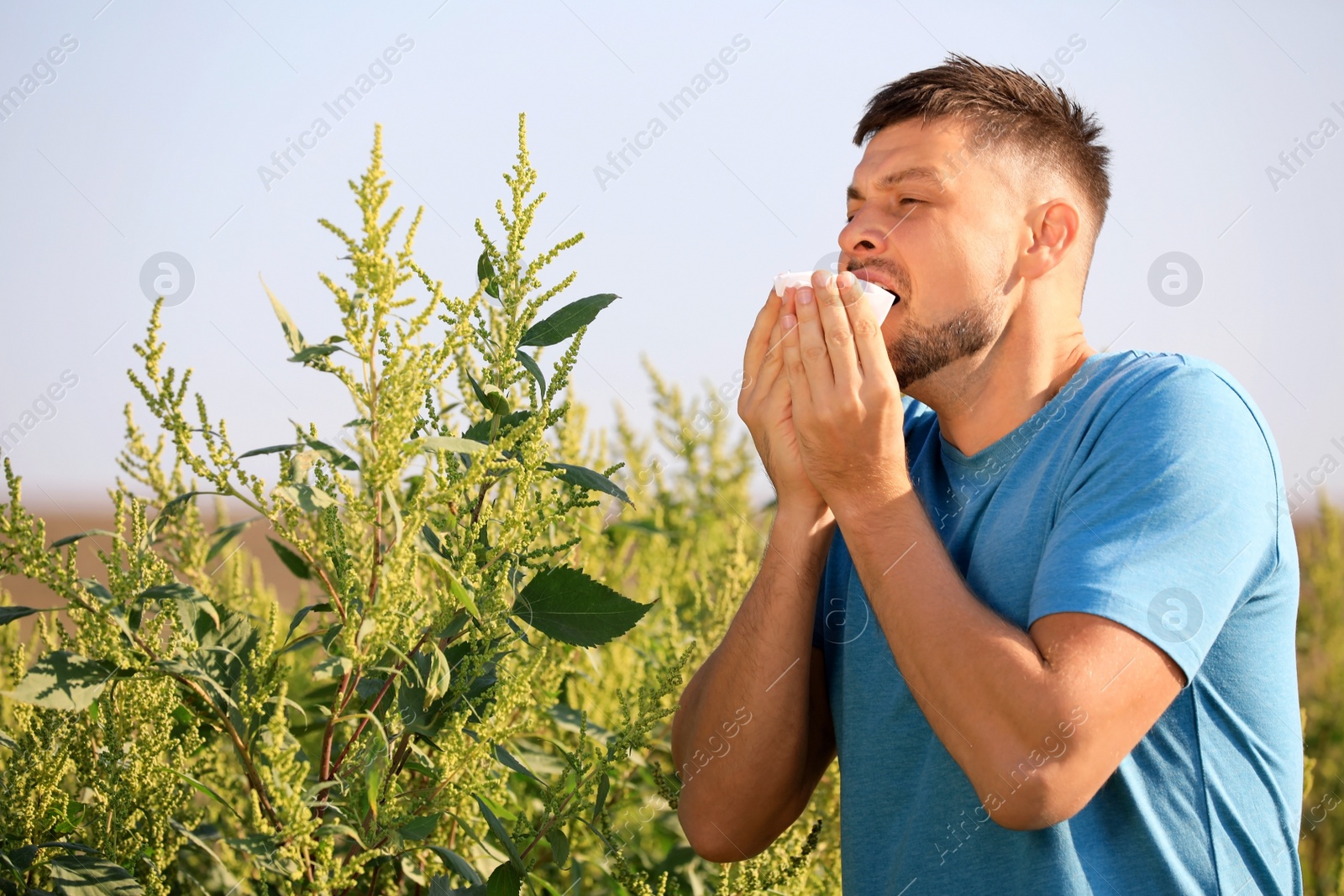 Photo of Man suffering from ragweed allergy outdoors on sunny day