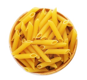 Photo of Bowl with uncooked penne pasta on white background, top view