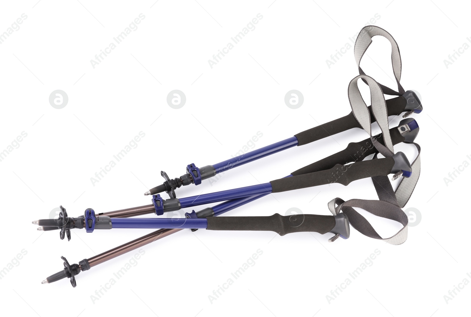 Photo of Nordic walking poles isolated on white, top view. Sports equipment