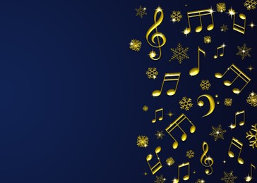 Illustration of Christmas melody. Music notes and snowflakes on blue background, space for text. Illustration design