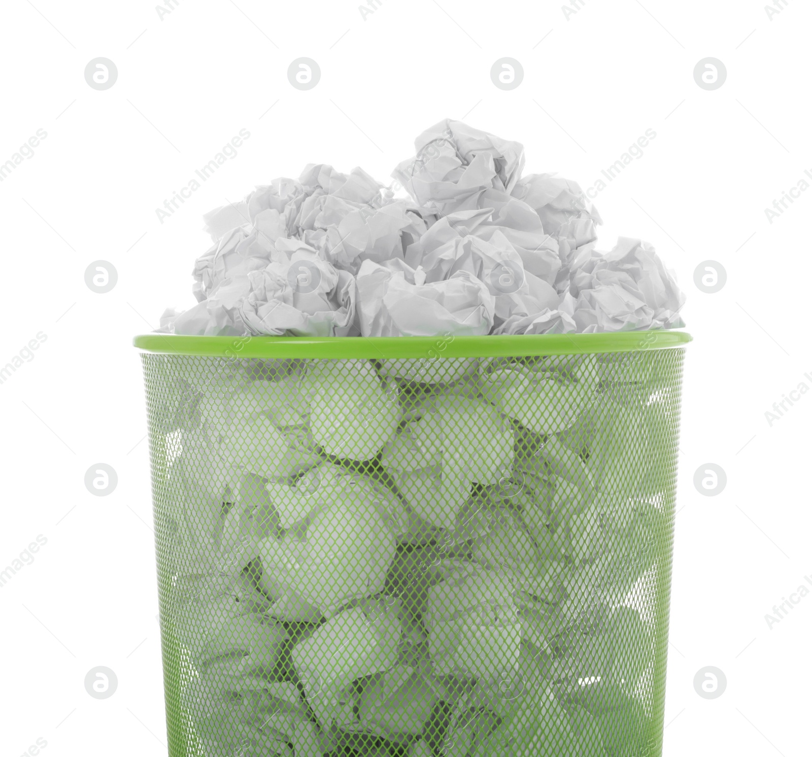 Photo of Trash bin with crumpled paper on white background. Lack of ideas