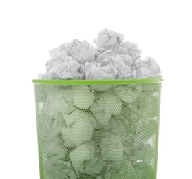 Photo of Trash bin with crumpled paper on white background. Lack of ideas