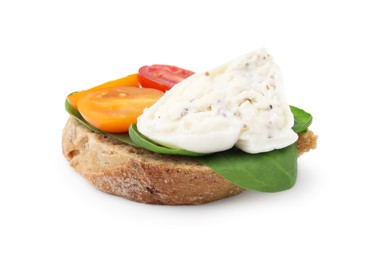 Delicious sandwich with burrata cheese and tomatoes isolated on white
