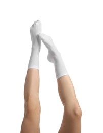 Photo of Woman in stylish socks on white background, closeup