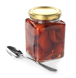 Photo of Tasty homemade quince jam in jar and spoon isolated on white