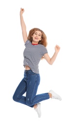 Photo of Happy young woman jumping on white background. Celebrating victory