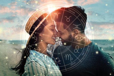 Image of Horoscope compatibility. Loving couple on beach and zodiac wheel