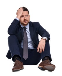 Upset bearded businessman in suit on white background