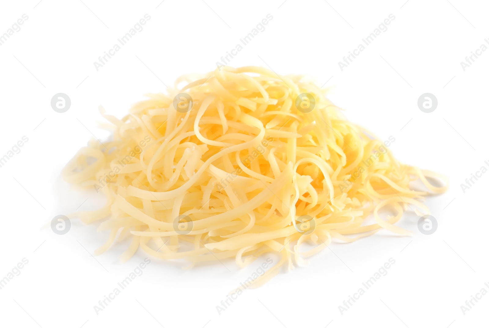 Photo of Heap of grated delicious cheese on white background
