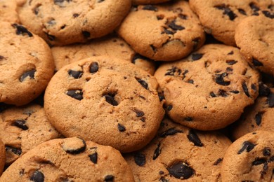 Photo of Delicious chocolate chip cookies as background, closeup