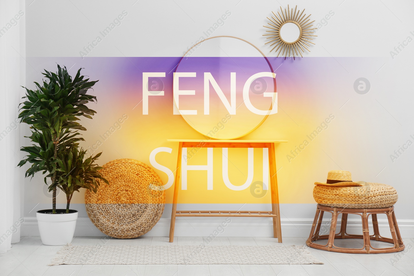 Image of Stylish round mirror near white wall in room. Feng Shui philosophy 