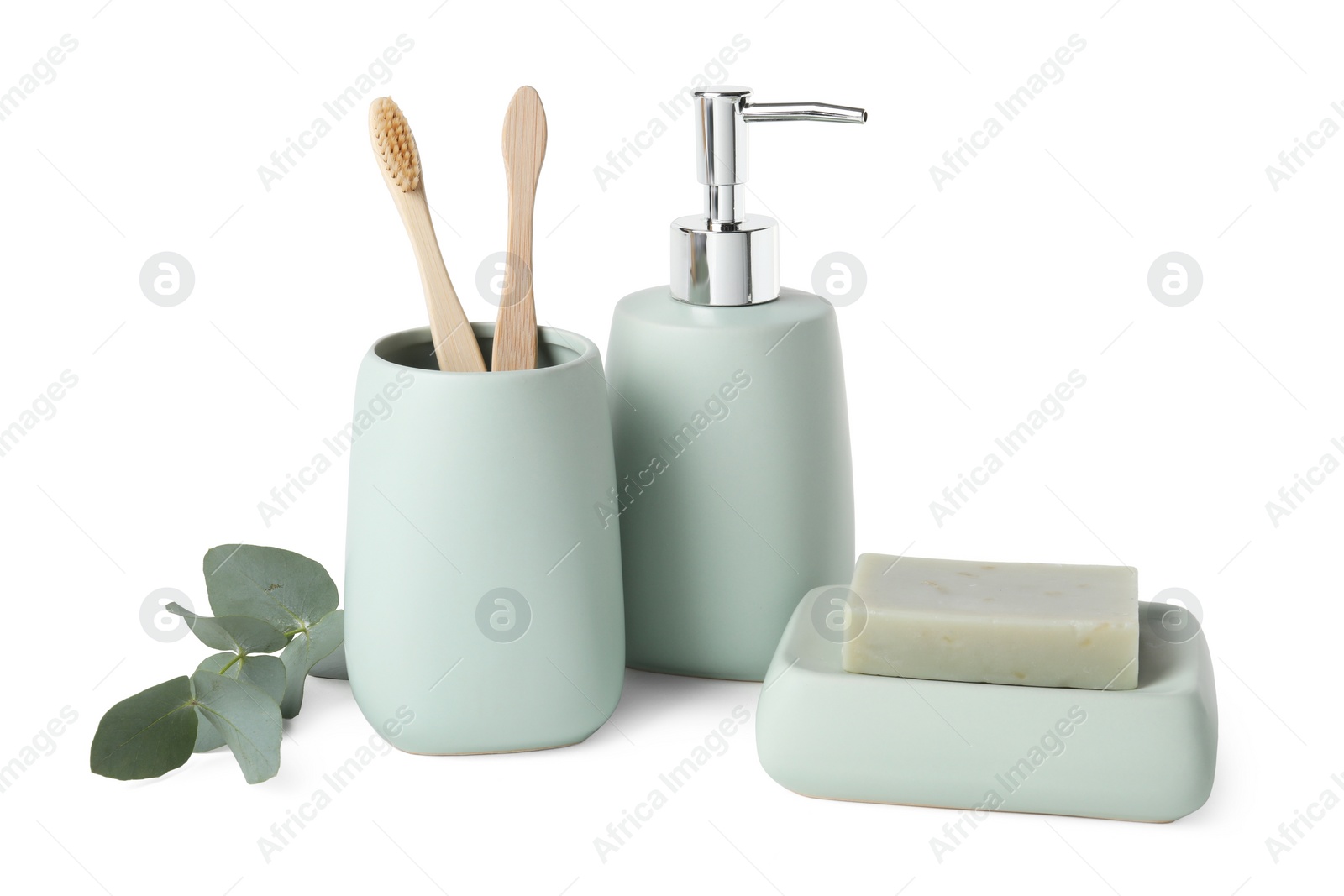 Photo of Bath accessories. Set of different personal care products and eucalyptus leaves isolated on white