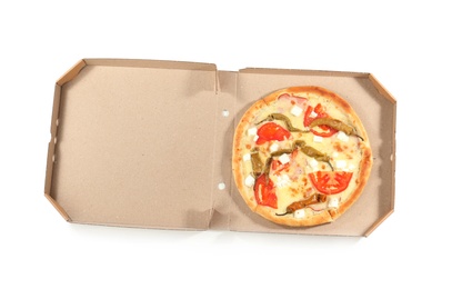 Photo of Open cardboard box with delicious pizza on white background, top view. Food delivery