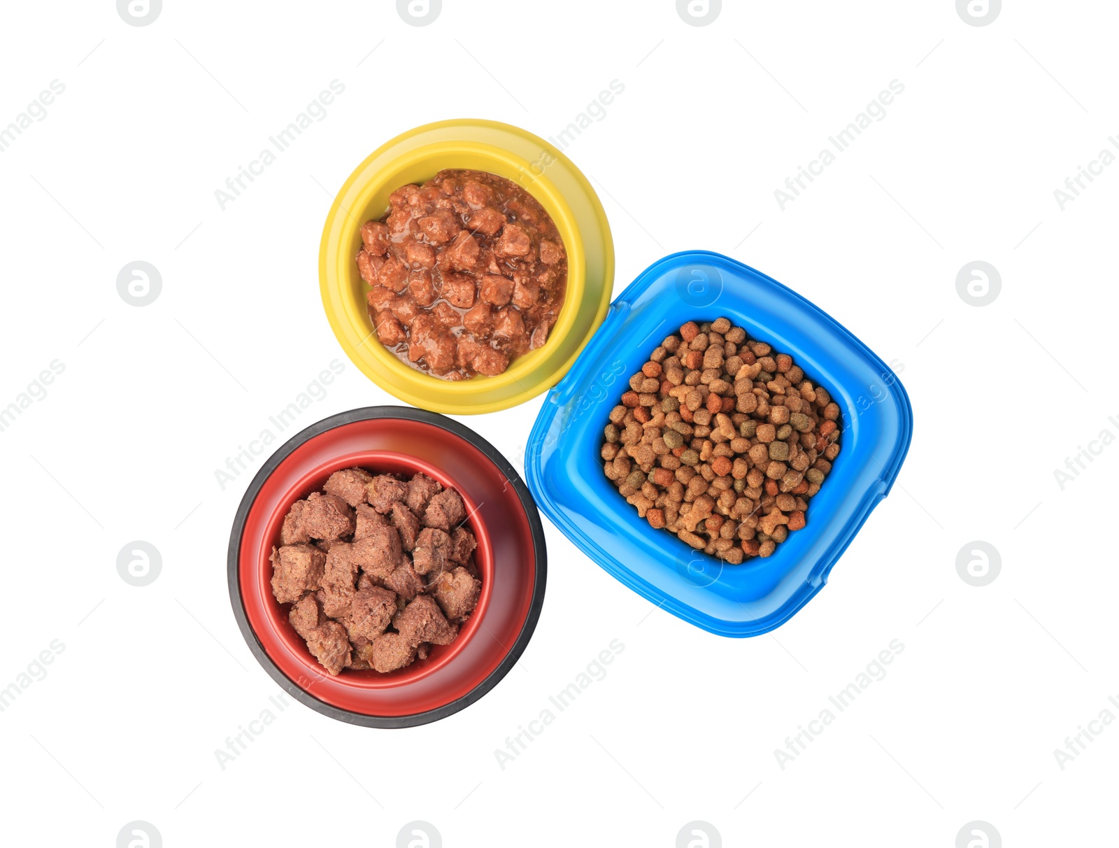 Photo of Dry and wet pet food in feeding bowls isolated on white, top view