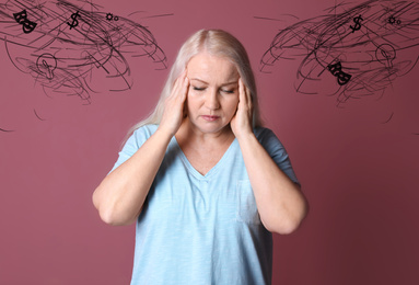 Stressed woman with mess in her head on color background