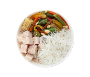 Photo of Tasty cooked rice noodles with chicken and vegetables isolated on white, top view