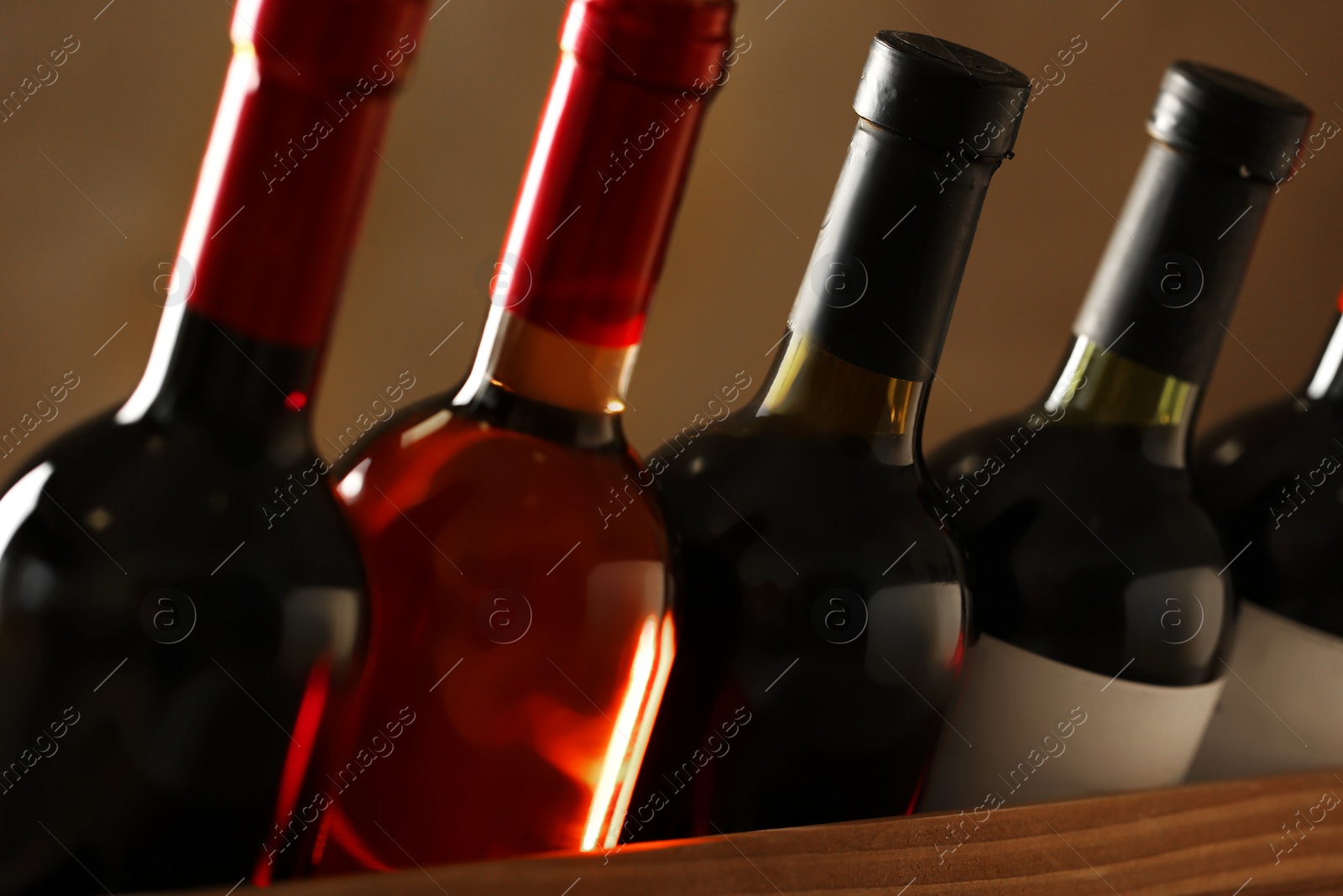 Photo of Bottles of different wines, closeup. Expensive collection