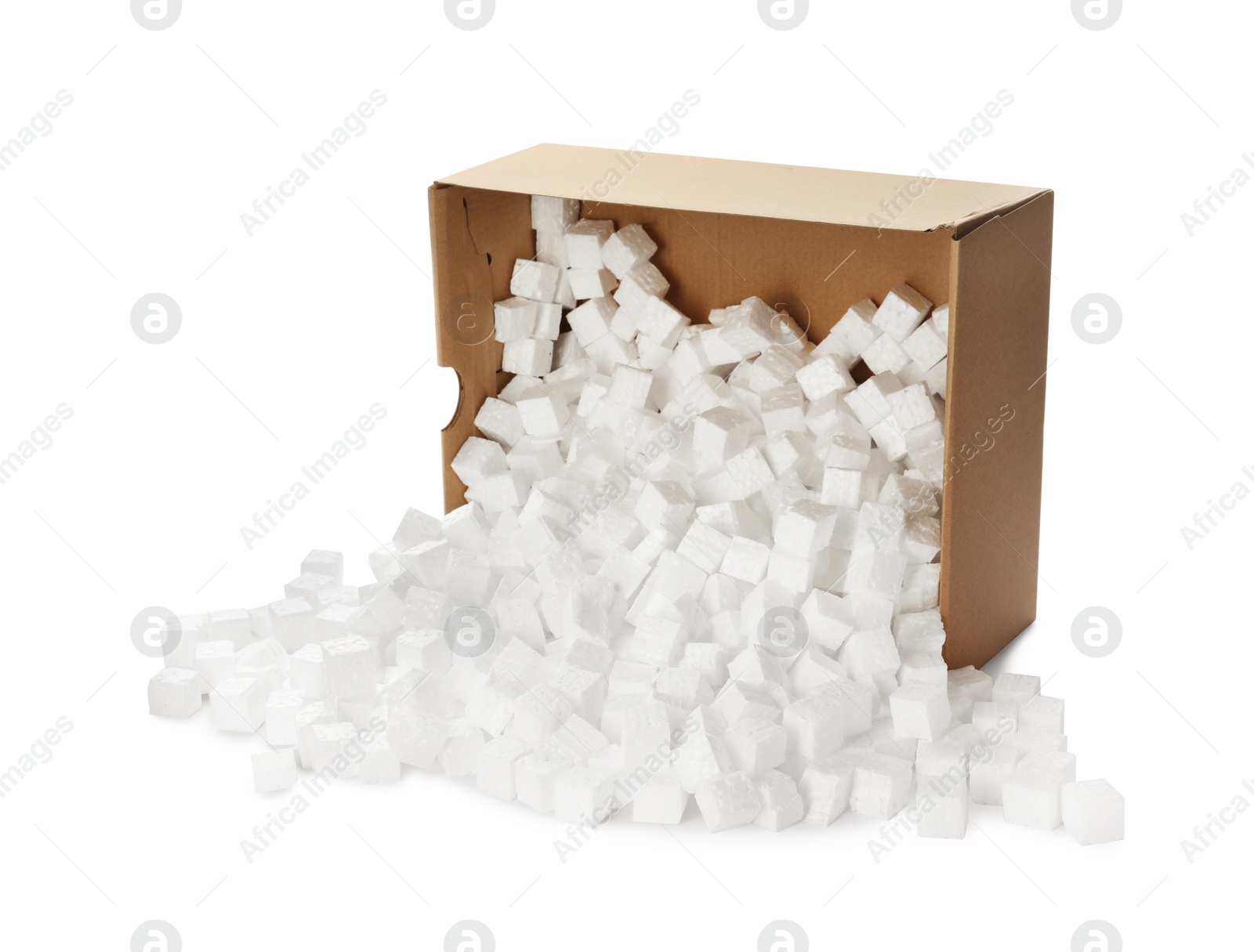 Photo of Overturned cardboard box with styrofoam cubes on white background