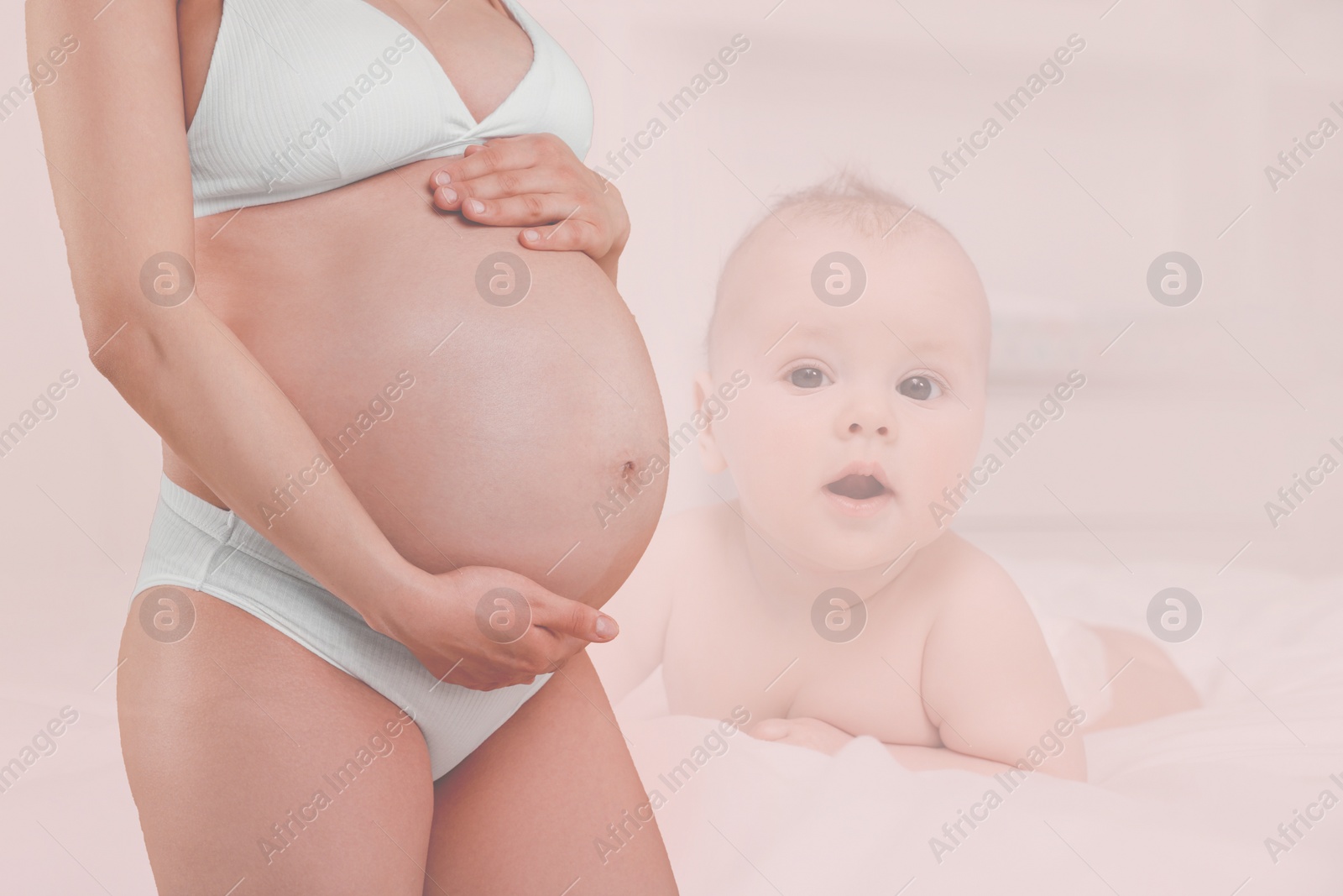 Image of Double exposure of pregnant woman and cute baby on light background