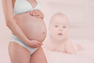 Image of Double exposure of pregnant woman and cute baby on light background