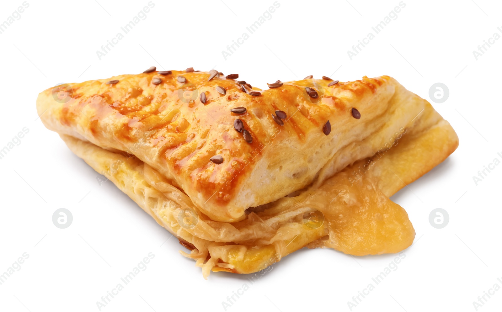 Photo of Fresh delicious puff pastry with cheese on white background