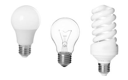 Image of Comparison of different light bulbs on white background, collage