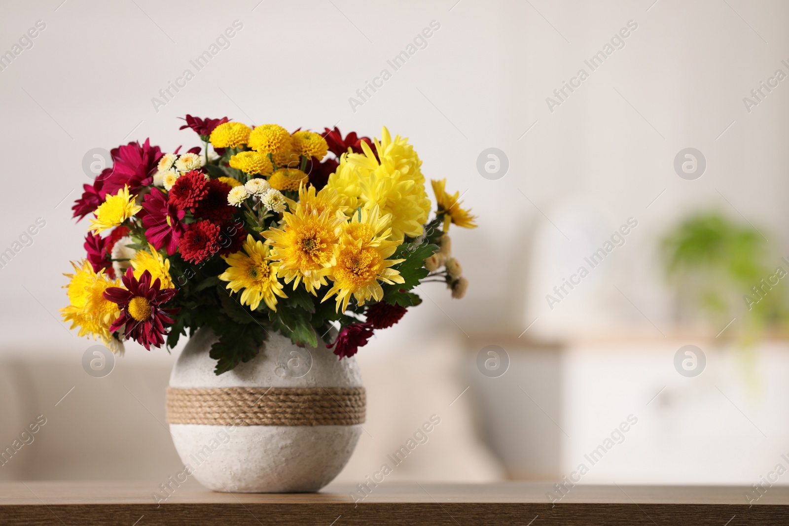 Photo of Bouquet of beautiful chrysanthemum flowers on table in room, space for text