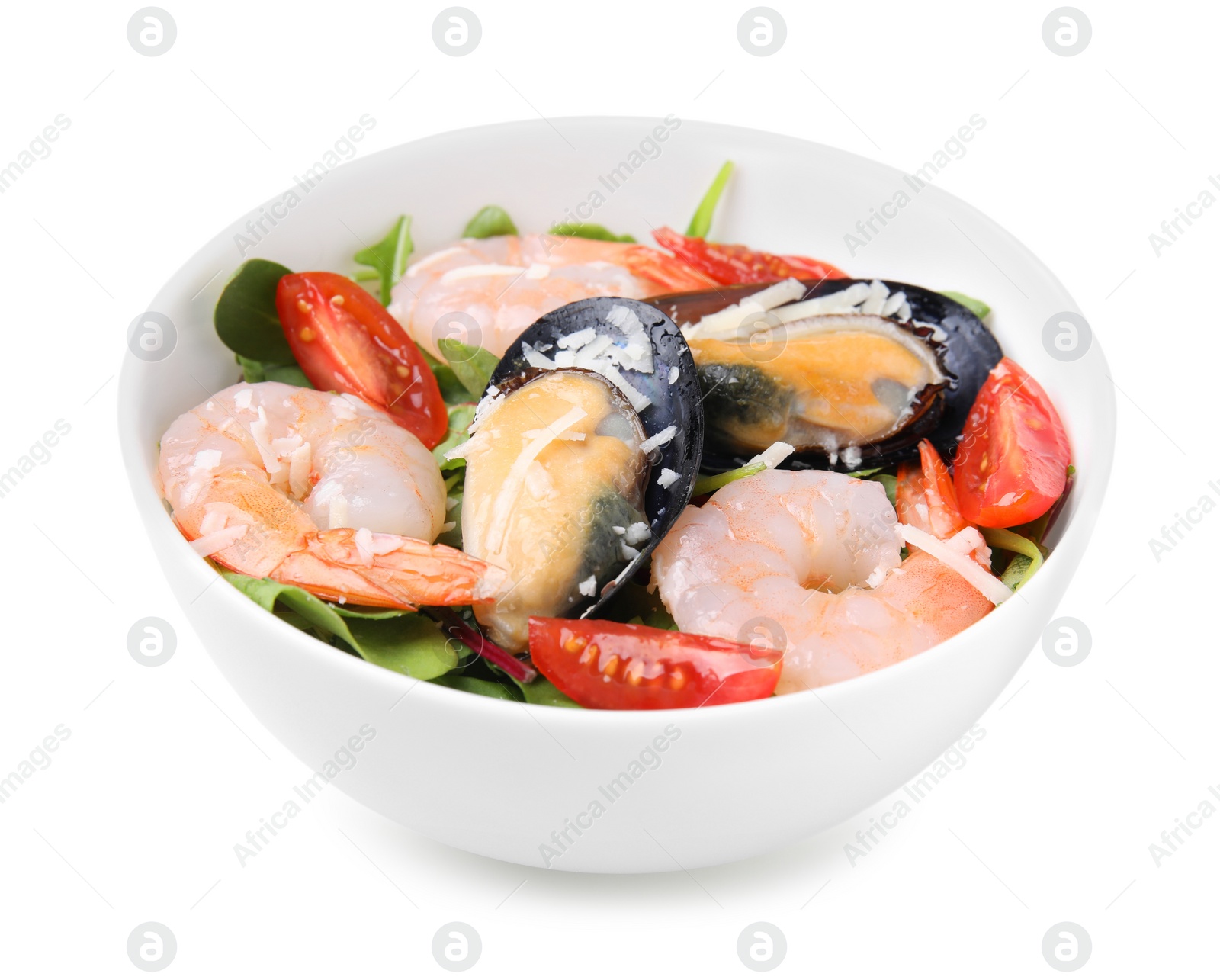 Photo of Bowl of delicious salad with seafood isolated on white