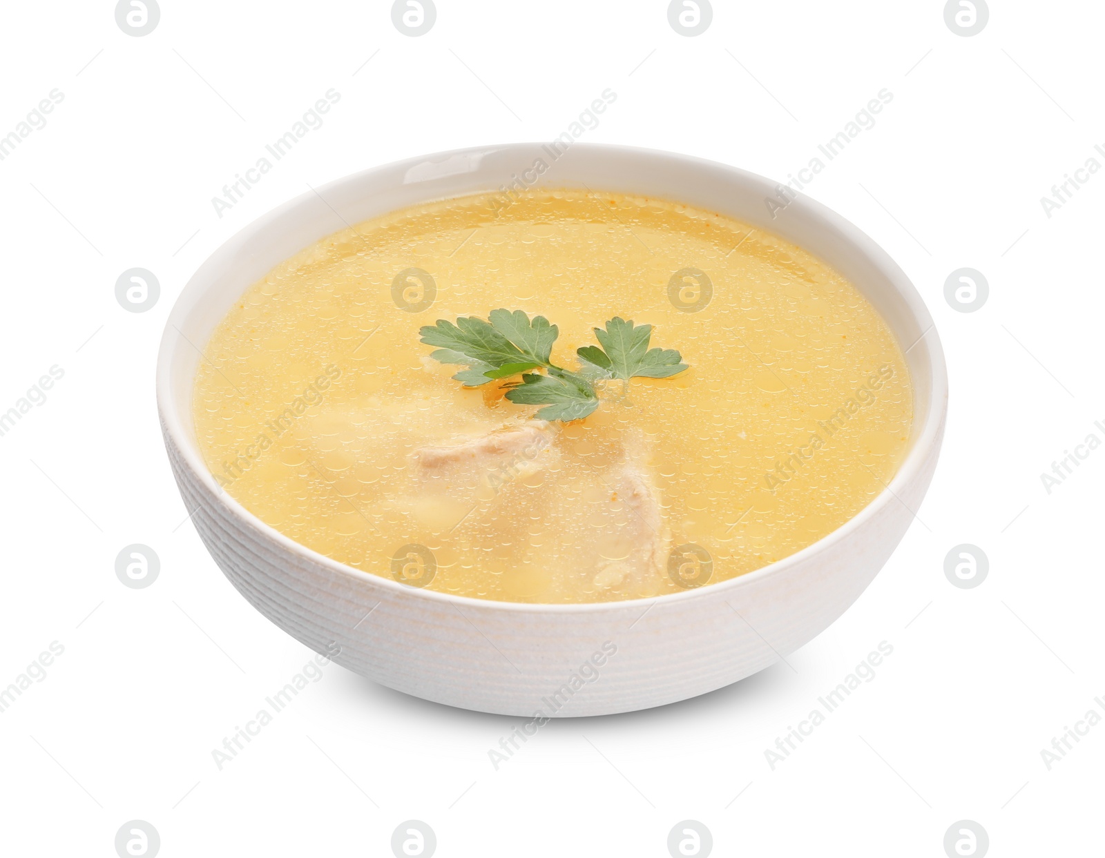 Photo of Delicious chicken soup with parsley isolated on white